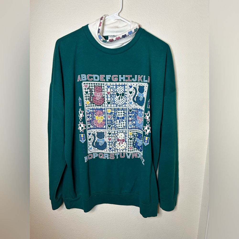 Vintage Act 3 Cat And ABC Turtle Neck Sweater Made In USA Size X-large Green